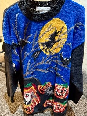 Vintage Halloween Hand-knitted Witch, Moon and Pumpkin Graphic Crewneck Sweater